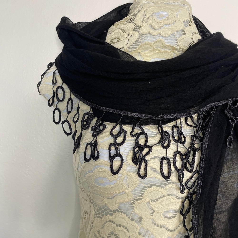Embroidered Loop Fringe Scarf Black Whimsigoth Witchy Steampunk Wrap OS